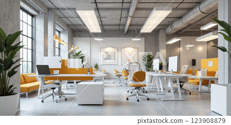 AI-powered cyber security office with real-time threat monitoring stations, ergonomic workspaces, and security-focused lighting. A high-tech cybersecurity office with AI-powered 123908879