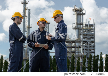 Engineer working using tablet together at station refining oil petrochemical. Technician worker check quality oil industry factory. Inspector standing at zone gas with refinery building background. 123908882