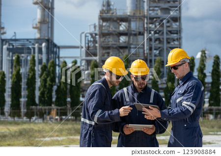 Engineer working using tablet together at station refining oil petrochemical. Technician worker check quality oil industry factory. Inspector standing at zone gas with refinery building background. 123908884