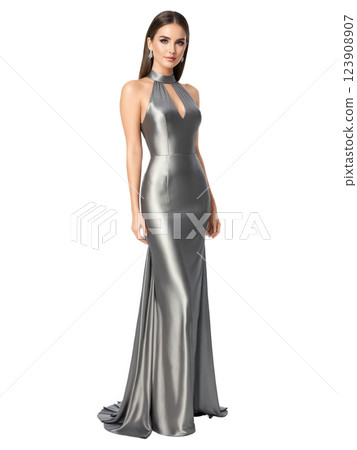 Metallic Pewter Evening Gown, floor-length with a sleek column silhouette, sleeveless with a high neckline that exudes modern elegance, keyhole Metallic Pewter Evening Gown, floor-length with a sleek column silhouette, sleeveless with a high neckline that exudes modern elegance, keyhole 123908907