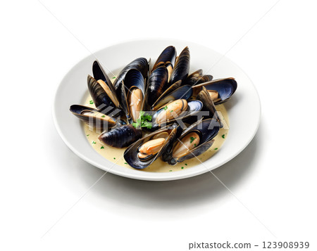 Mussels in White Wine Sauce Fresh mussels cooked in a savory white wine sauce with garlic, shallots, and a touch 123908939