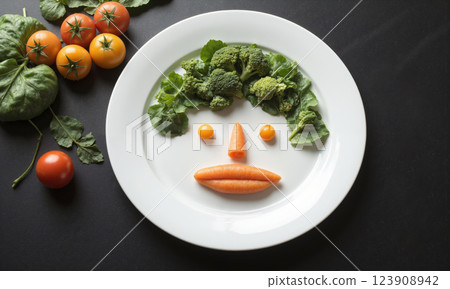 broccoli sweetpotato cherry tomatoes carrot spinach placed in an artistic pattern to create a fun face on a dinner plate, with broccoli for 123908942