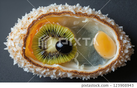 A detailed cross-section of a human eye, created using thin slices of various colors of produce. The outer shell 123908943