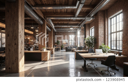 Industrial-style office with exposed brick walls, concrete floors, and reclaimed wood desks. Overhead pendant lighting provides a focused workspace, while soft ambient lights 123908945