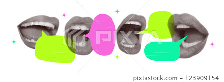 Set of speech bubbles with open mouths in collage style in halftone processing. Opened female lips, with screaming, smiling. Elements with paper imitation. Vector contemporary illustration Set of speech bubbles with open mouths in collage style in halftone processing. Opened female lips, with screaming, smiling. Elements with paper imitation. Vector contemporary illustration 123909154