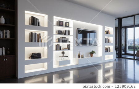 A modular, smart shelving system with automated lighting that highlights specific books or objects based on user preferences. The shelves can be adjusted A modular, smart shelving system with automated lighting that highlights specific books or objects based on user preferences. The shelves can be adjusted 123909162