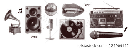 Retro disco party with music equipment collage set with vinyl record player, speaker, boombox, microphone, smiling mouth, mirror ball in grunge halftone effect dotted punk texture. Vector zine style 123909163