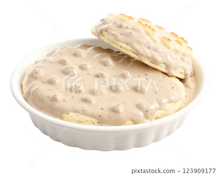 Biscuits and Gravy Fluffy buttermilk biscuits smothered in savory sausage gravy, with a peppery, creamy texture. 123909177