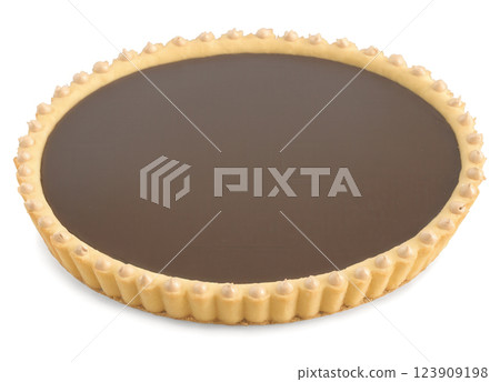 Mocha mousse tart with a rich, buttery pastry crust filled with creamy mocha mousse, topped with chocolate ganache and finely 123909198