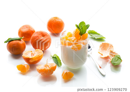 Refreshing dessert with tangerines and yogurt, isolated on white background Refreshing dessert with tangerines and yogurt, isolated on white background 123909270