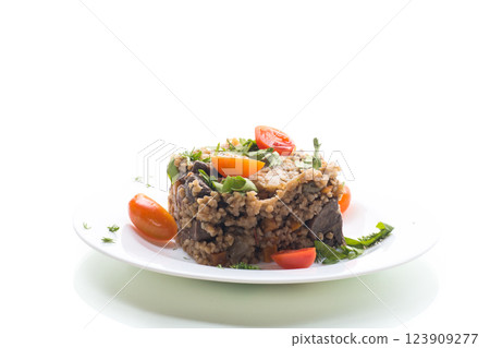 cooked dinner with bulgur and vegetables isolated on white background cooked dinner with bulgur and vegetables isolated on white background 123909277