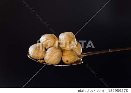 Hazelnuts in a metal spoon on a dark background 123909278
