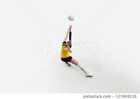 Back view image of young competitive woman, volleyball player in uniform showing skills and motivation, playing with focus Back view image of young competitive woman, volleyball player in uniform showing skills and motivation, playing with focus 123909316