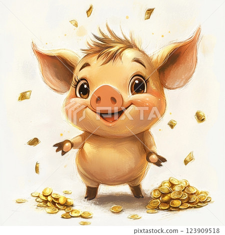 Golden Piggy Bank - Cute 3D Cartoon Style 123909518
