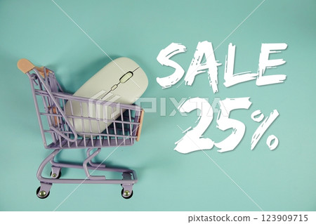 Sale 25% Special Discount shopping online with trolley shopping cart and optical mouse on blue background Sale 25% Special Discount shopping online with trolley shopping cart and optical mouse on blue background 123909715