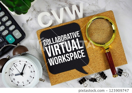 CVW - Collaborative Virtual Workspace acronym with calculator, alarm clock and magnifying glass, business concept background 123909747