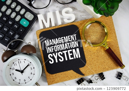 MIS - Management Information System acronym with calculator, alarm clock and magnifying glass, Business concept background 123909772