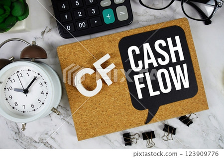 CF - Cash Flow acronym with calculator, alarm clock and magnifying glass, business concept background 123909776