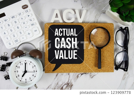 ACV - Actual Cash Value acronym with calculator, alarm clock and magnifying glass, Business concept background ACV - Actual Cash Value acronym with calculator, alarm clock and magnifying glass, Business concept background 123909778