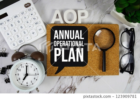 AOP - Annual Operational Plan acronym with calculator, alarm clock and magnifying glass, business concept background 123909781