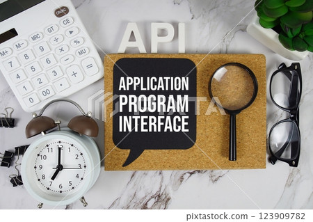 API - Application Program Interface acronym with calculator, alarm clock and magnifying glass, business concept background 123909782