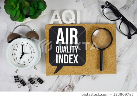 AQI - Air Quality Index acronym with alarm clock and magnifying glass, medical and healthcare concept background 123909785