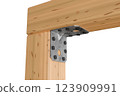 Metal angle corner connets two wooden beams 123909991