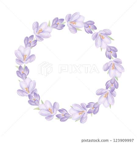 Purple crocuses round frame isolated on white. Spring flowers and green leaves wreath in watercolor style. Hand drawn design element for wedding invitations and greeting cards. Purple crocuses round frame isolated on white. Spring flowers and green leaves wreath in watercolor style. Hand drawn design element for wedding invitations and greeting cards. 123909997