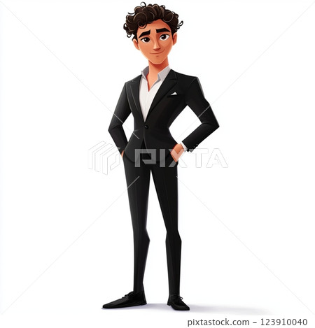 Stylish Animated Man in Elegant Black Suit 123910040