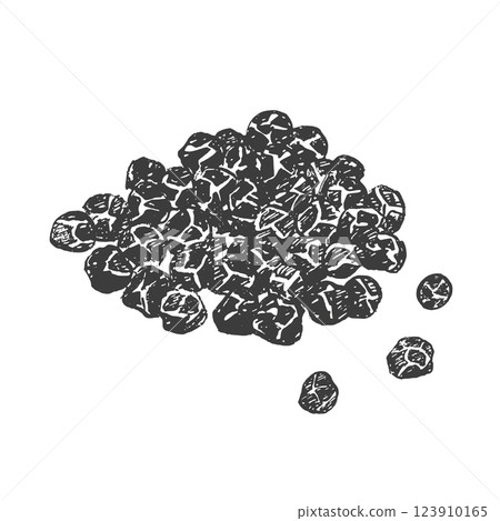 Pile of black peppercorns. Vector. Graphic illustration. Black pepper. Spicy condiment and seasoning. Hand drawn ink sketch. Perfect for menu, recipes, packaging, logo. Isolated on white background Pile of black peppercorns. Vector. Graphic illustration. Black pepper. Spicy condiment and seasoning. Hand drawn ink sketch. Perfect for menu, recipes, packaging, logo. Isolated on white background 123910165