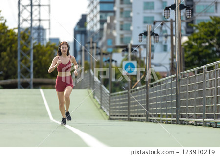 women red sportswear standing problem backache painful after exercise. female lower back pain. discomfort sprain orthopedic. 123910219