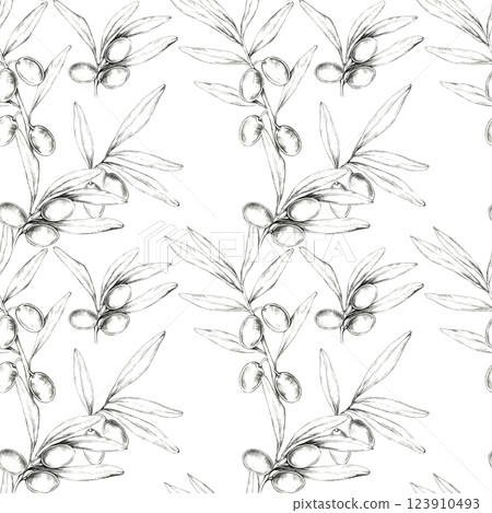 Olives, leaves and branches sketched in pencil. Seamless pattern hand drawn illustration. This clipart is ideal for textiles, home decor, or packaging designs, with detailed natural botanical motif 123910493