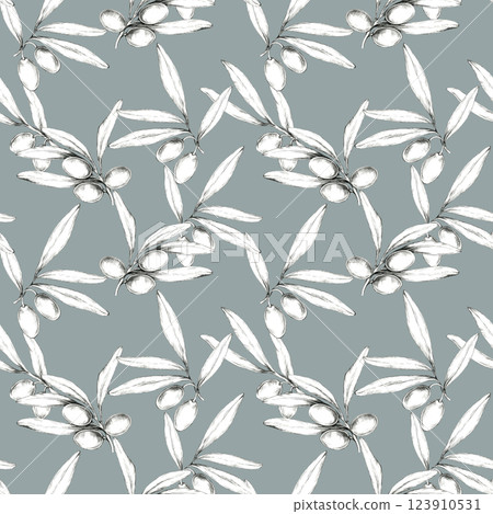 Olive branches and olives, sketched in pencil with a soft blue grey background. Detailed botanical Seamless pattern. This clipart is ideal for textiles, digital art, or home decor projects Olive branches and olives, sketched in pencil with a soft blue grey background. Detailed botanical Seamless pattern. This clipart is ideal for textiles, digital art, or home decor projects 123910531