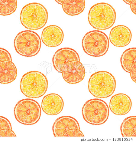 Orange slices with juicy tones of orange and yellow arranged in a seamless watercolor pattern. Citrus clipart for use in summer textiles, vibrant gift wrap, kitchen decor, and food packaging designs 123910534
