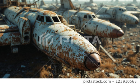 Rusty abandoned airplanes in a scrapyard under sunlight 123910563