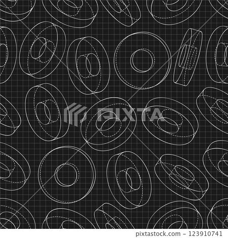 Mechanical engineering drawings on black background. Cutter, assembly tool with replaceable multi-faceted plate. Technical Design. Cover. Blueprint. Vector illustration. Seamless pattern. Mechanical engineering drawings on black background. Cutter, assembly tool with replaceable multi-faceted plate. Technical Design. Cover. Blueprint. Vector illustration. Seamless pattern. 123910741