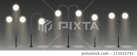 3d vector Modern and vintage city street lights row working at night. Urban electrical lightning system. Glowing retro lampposts 123910742