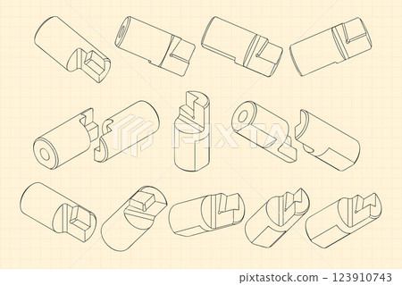 Mechanical engineering drawings on sepia background. Cutter, assembly tool with replaceable multi-faceted plate. Technical Design. Cover. Blueprint. Vector illustration. 123910743