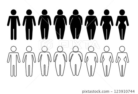 A man or woman diets and exercises from fat to fitness series frontal view. Figure and size person, body index mass. Vector 123910744