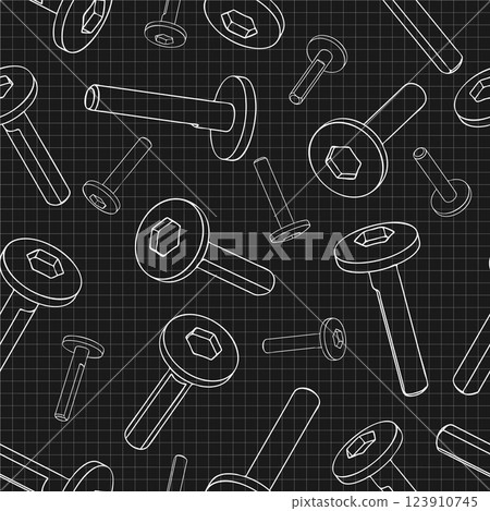 Mechanical engineering drawings on black background. Cutter, assembly tool with replaceable multi-faceted plate. Technical Design. Cover. Blueprint. Vector illustration. Seamless pattern. Mechanical engineering drawings on black background. Cutter, assembly tool with replaceable multi-faceted plate. Technical Design. Cover. Blueprint. Vector illustration. Seamless pattern. 123910745