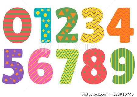 Set of colorful numbers with patterns for children. Set of colorful numbers with patterns for children. 123910746