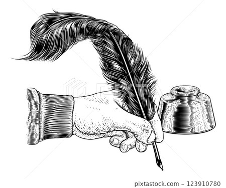 Quill Feather Ink Pen Hand Vintage Woodcut Print 123910780