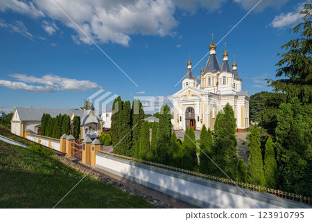 View of old ancient  Cathedral of St. Alexander Nevsky in Kobrin city, Belarus 123910795