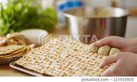 Passover preparation with matzah crackers and handmade matzo balls 123910928