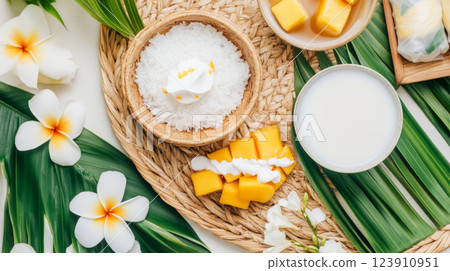 Colorful Thai cuisine including mango sticky rice, spring rolls, and curry, Songkran food background 123910951