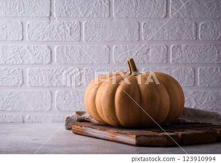 Raw fresh cut pumpkin on dark background 123910994