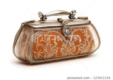 Luxurious orange clutch bag with silver frame and floral embroidery isolated on white background 123911158