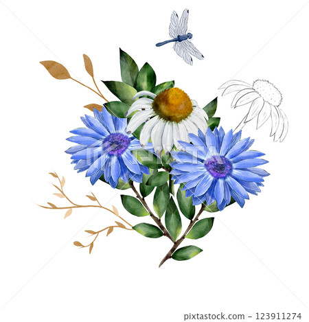 Bouquet of chamomile, rudbeckia flowers with green leaves, decorated with golden branches and a blue dragonfly. Watercolor botanical illustration, isolated on white background. For cards, invitations Bouquet of chamomile, rudbeckia flowers with green leaves, decorated with golden branches and a blue dragonfly. Watercolor botanical illustration, isolated on white background. For cards, invitations 123911274