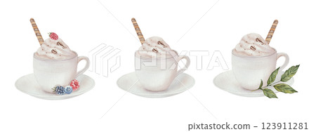 Set of coffee cups with berries and cream and waffle roll. Watercolor illustration of a classic white coffee cup, isolated on a white background. For print, menu design, cafe 123911281