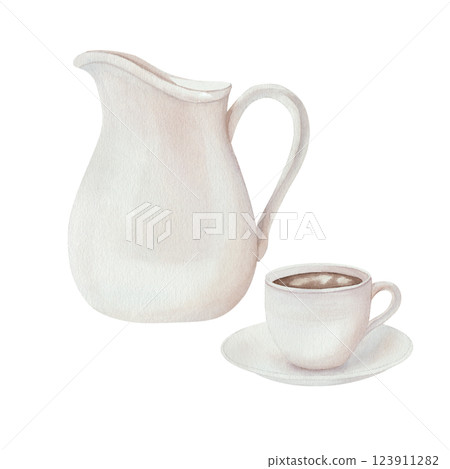 White ceramic jug for milk or water with a cup of hot coffee. Set of watercolor illustrations. Hand drawing. Isolated on a white background. For kitchen decor, design, menu White ceramic jug for milk or water with a cup of hot coffee. Set of watercolor illustrations. Hand drawing. Isolated on a white background. For kitchen decor, design, menu 123911282
